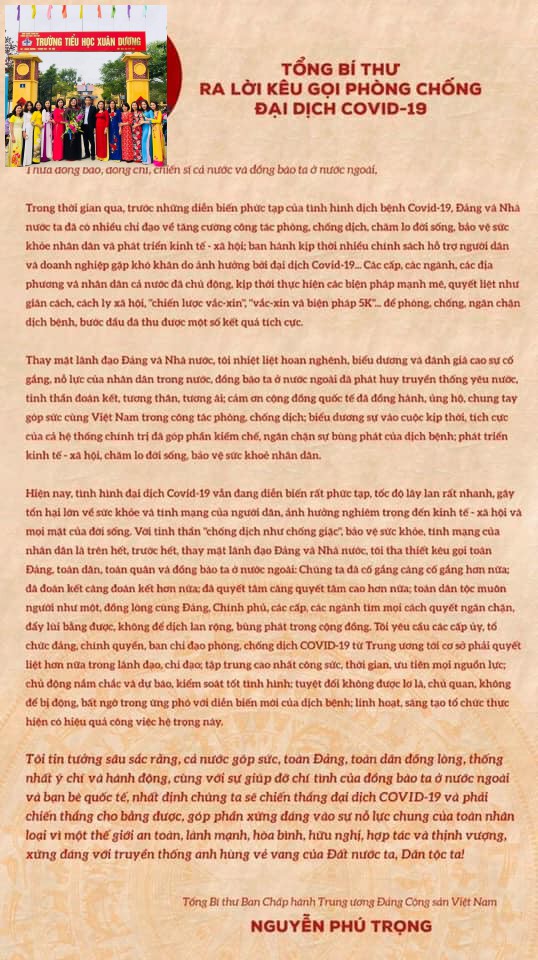 Lời kêu gọi phòng chống đại dịch covid của Tổng bí thư Nguyễn Phú Trọng